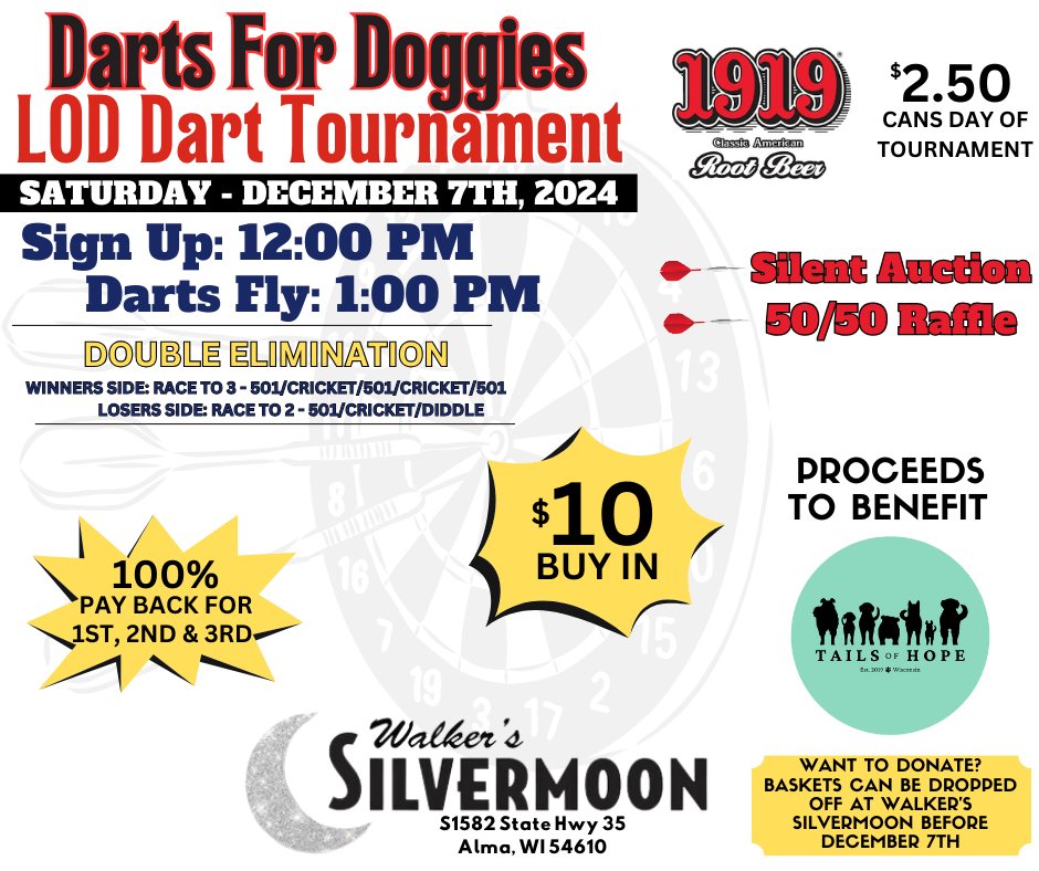 Darts For Doggies LOD Dart Tournament @ Walker's Silver Moon | Alma | Wisconsin | United States